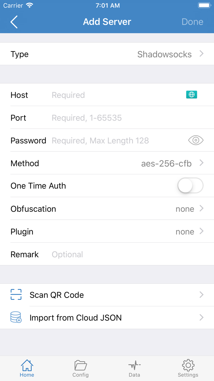 Shadowrocket 공식 Add Server 화면 스크린샷: Type, Host, Port, Password, Method 및 QR 코드 가져오기 메뉴 표시