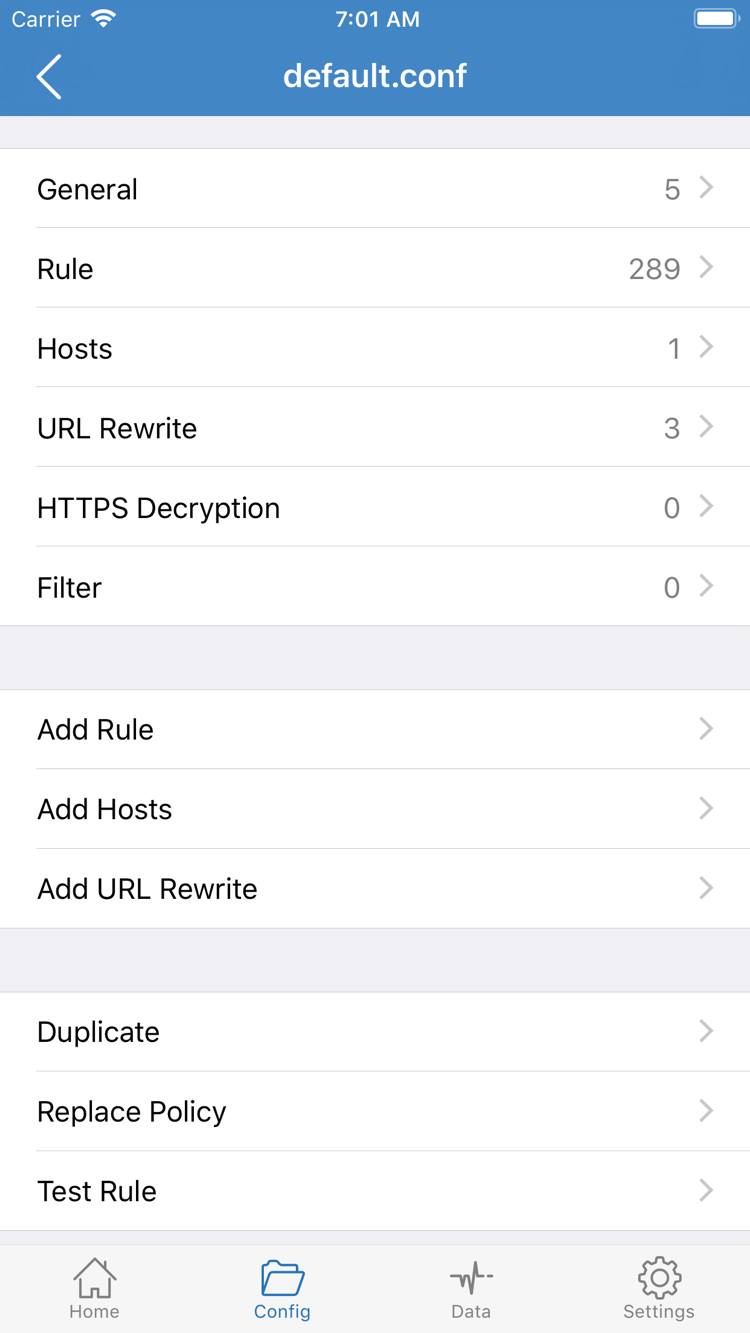 Shadowrocket Config 공식 스크린샷: General, Rule, Hosts, URL Rewrite, HTTPS Decryption 및 Add Rule 표시