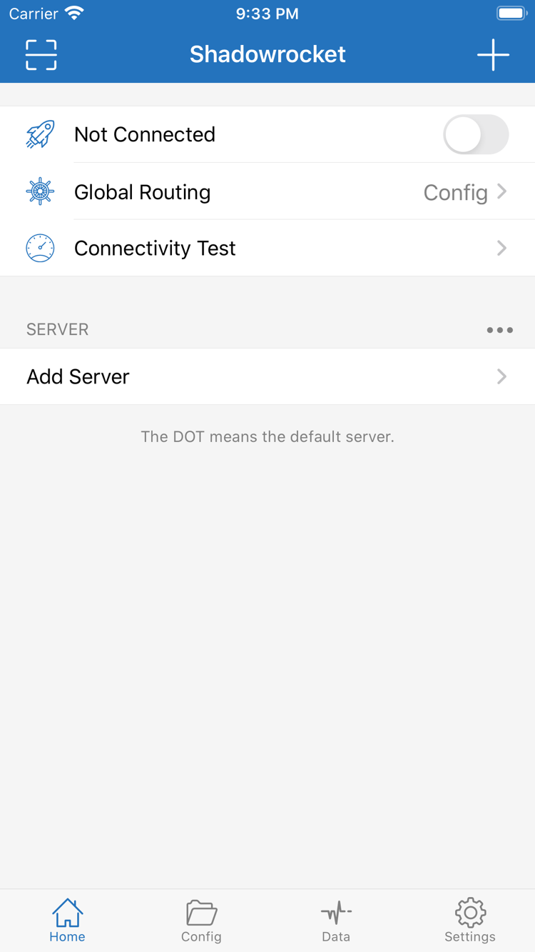 Shadowrocket 공식 Home 화면 스크린샷: Not Connected, Global Routing, Connectivity Test 및 SERVER 그룹 표시